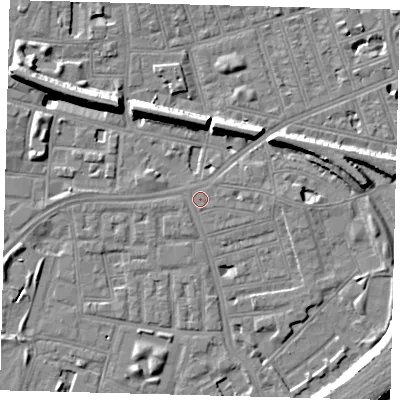 Shaded relief map of the ground around SW112PL, computed from Environment Agency LiDAR. The ground here sits at about 4 m above sea level and falls 11 m across the surrounding 800 m. Surface water reaching this point runs off ground lying to the east, 1.7 m higher.