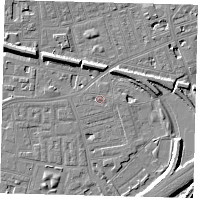 Shaded relief map of the ground around SW112PN, computed from Environment Agency LiDAR. The ground here sits at about 4 m above sea level and falls 10 m across the surrounding 800 m. Surface water reaching this point runs off ground lying to the east, 1.7 m higher.