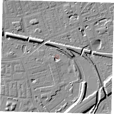 Shaded relief map of the ground around SW112PT, computed from Environment Agency LiDAR. The ground here sits at about 3 m above sea level and falls 11 m across the surrounding 800 m. Surface water reaching this point runs off ground lying to the east-north-east, 6.8 m higher.