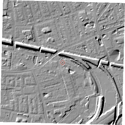 Shaded relief map of the ground around SW112PU, computed from Environment Agency LiDAR. The ground here sits at about 3 m above sea level and falls 11 m across the surrounding 800 m. Surface water reaching this point runs off ground lying to the north-north-east, 6.9 m higher.