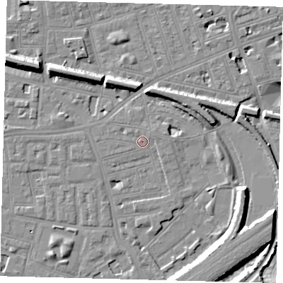 Shaded relief map of the ground around SW112PX, computed from Environment Agency LiDAR. The ground here sits at about 4 m above sea level and falls 10 m across the surrounding 800 m. Surface water reaching this point runs off ground lying to the north-east, 1.0 m higher.