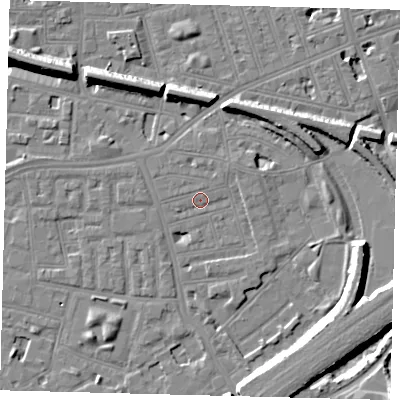 Shaded relief map of the ground around SW112PZ, computed from Environment Agency LiDAR. The ground here sits at about 3 m above sea level and falls 10 m across the surrounding 800 m. Surface water reaching this point runs off ground lying to the north-east, 3.2 m higher.