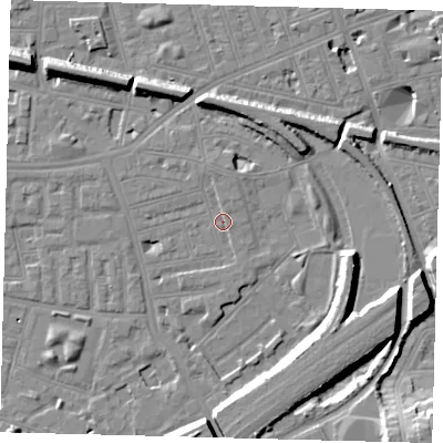 Shaded relief map of the ground around SW112QA, computed from Environment Agency LiDAR. The ground here sits at about 3 m above sea level and falls 15 m across the surrounding 800 m. Surface water reaching this point runs off ground lying to the north, 3.4 m higher.