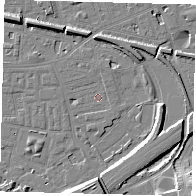 Shaded relief map of the ground around SW112QB, computed from Environment Agency LiDAR. The ground here sits at about 3 m above sea level and falls 15 m across the surrounding 800 m. Surface water reaching this point runs off ground lying to the north, 3.4 m higher.