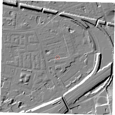 Shaded relief map of the ground around SW112QE, computed from Environment Agency LiDAR. The ground here sits at about 3 m above sea level and falls 16 m across the surrounding 800 m. Surface water reaching this point runs off ground lying to the north-north-east, 3.4 m higher.