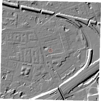 Shaded relief map of the ground around SW112QF, computed from Environment Agency LiDAR. The ground here sits at about 3 m above sea level and falls 12 m across the surrounding 800 m. Surface water reaching this point runs off ground lying to the west-south-west, 2.1 m higher.