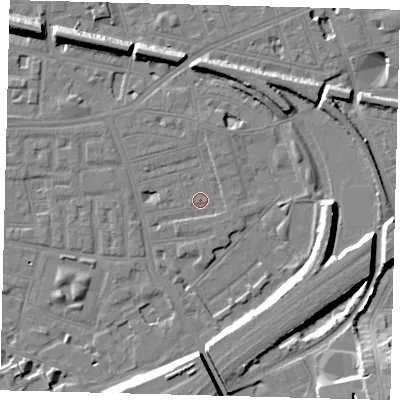 Shaded relief map of the ground around SW112QG, computed from Environment Agency LiDAR. The ground here sits at about 3 m above sea level and falls 16 m across the surrounding 800 m. Surface water reaching this point runs off ground lying to the north, 3.4 m higher.
