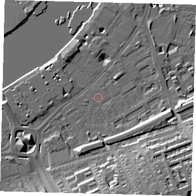 Shaded relief map of the ground around SW112QJ, computed from Environment Agency LiDAR. The ground here sits at about 5 m above sea level and falls 56 m across the surrounding 800 m. Surface water reaching this point runs off ground lying to the south-east, 16.5 m higher.