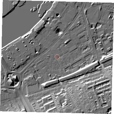 Shaded relief map of the ground around SW112QN, computed from Environment Agency LiDAR. The ground here sits at about 5 m above sea level and falls 20 m across the surrounding 800 m. Surface water reaching this point runs off ground lying to the east-south-east, 12.5 m higher.