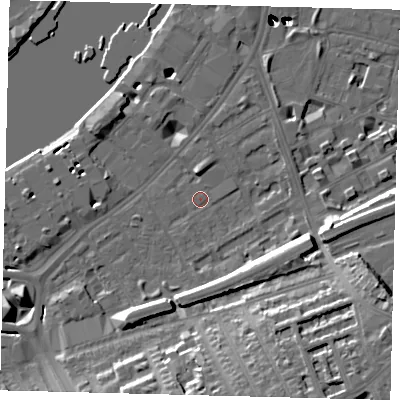 Shaded relief map of the ground around SW112QR, computed from Environment Agency LiDAR. The ground here sits at about 5 m above sea level and falls 56 m across the surrounding 800 m. Surface water reaching this point runs off ground lying to the south-east, 14.9 m higher.
