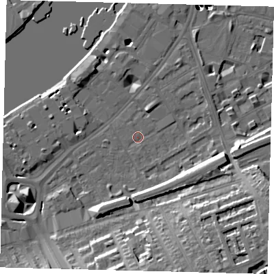 Shaded relief map of the ground around SW112QU, computed from Environment Agency LiDAR. The ground here sits at about 5 m above sea level and falls 56 m across the surrounding 800 m. Surface water reaching this point runs off ground lying to the east-south-east, 13.4 m higher.