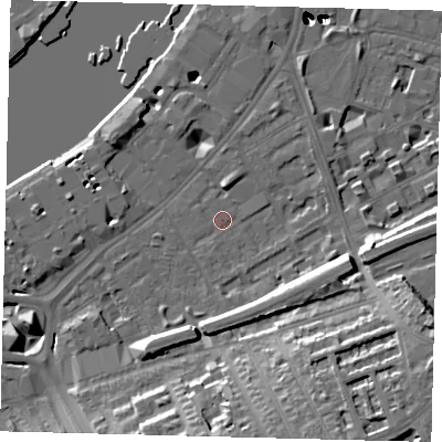 Shaded relief map of the ground around SW112QW, computed from Environment Agency LiDAR. The ground here sits at about 5 m above sea level and falls 56 m across the surrounding 800 m. Surface water reaching this point runs off ground lying to the east-south-east, 13.8 m higher.