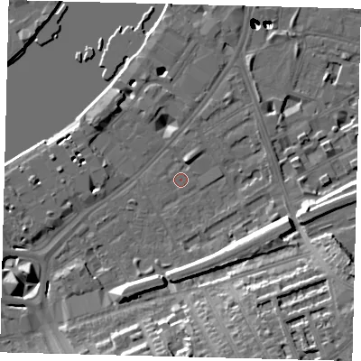Shaded relief map of the ground around SW112QX, computed from Environment Agency LiDAR. The ground here sits at about 5 m above sea level and falls 55 m across the surrounding 800 m. Surface water reaching this point runs off ground lying to the east-south-east, 13.7 m higher.