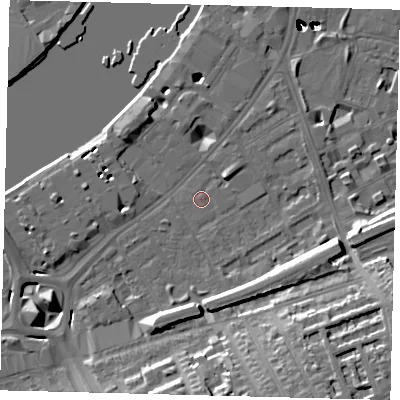 Shaded relief map of the ground around SW112QY, computed from Environment Agency LiDAR. The ground here sits at about 5 m above sea level and falls 55 m across the surrounding 800 m. Surface water reaching this point runs off ground lying to the east-south-east, 12.6 m higher.