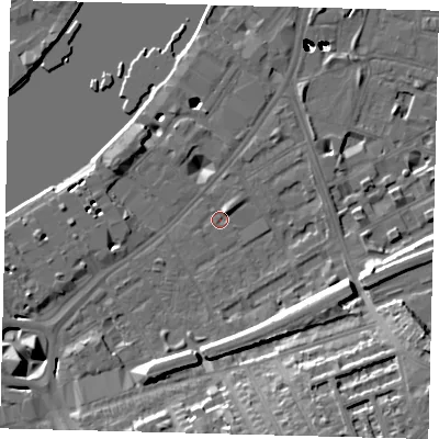 Shaded relief map of the ground around SW112RJ, computed from Environment Agency LiDAR. The ground here sits at about 5 m above sea level and falls 55 m across the surrounding 800 m. Surface water reaching this point runs off ground lying to the east-south-east, 13.7 m higher.