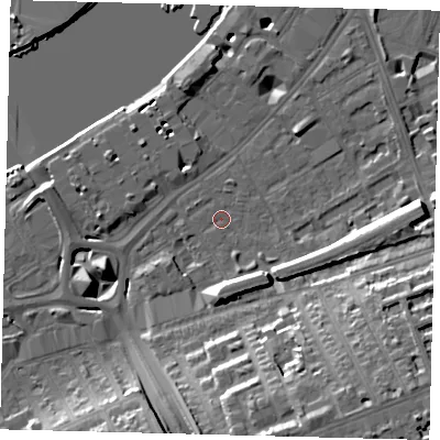 Shaded relief map of the ground around SW112RR, computed from Environment Agency LiDAR. The ground here sits at about 5 m above sea level and falls 20 m across the surrounding 800 m. Surface water reaching this point runs off ground lying to the south-south-east, 17.5 m higher.