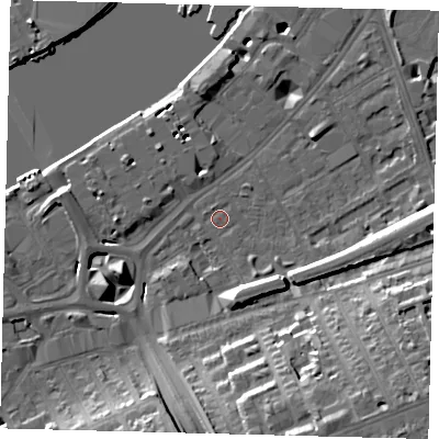 Shaded relief map of the ground around SW112RS, computed from Environment Agency LiDAR. The ground here sits at about 5 m above sea level and falls 20 m across the surrounding 800 m. Surface water reaching this point runs off ground lying to the south-south-east, 20.0 m higher.