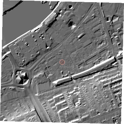 Shaded relief map of the ground around SW112RT, computed from Environment Agency LiDAR. The ground here sits at about 5 m above sea level and falls 20 m across the surrounding 800 m. Surface water reaching this point runs off ground lying to the south-east, 15.9 m higher.