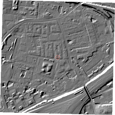 Shaded relief map of the ground around SW112SA, computed from Environment Agency LiDAR. The ground here sits at about 4 m above sea level and falls 20 m across the surrounding 800 m. Surface water reaching this point runs off ground lying to the south, 9.8 m higher.
