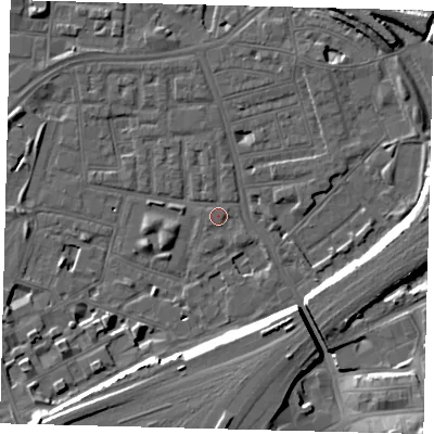 Shaded relief map of the ground around SW112SD, computed from Environment Agency LiDAR. The ground here sits at about 4 m above sea level and falls 15 m across the surrounding 800 m. Surface water reaching this point runs off ground lying to the south-east, 14.1 m higher.