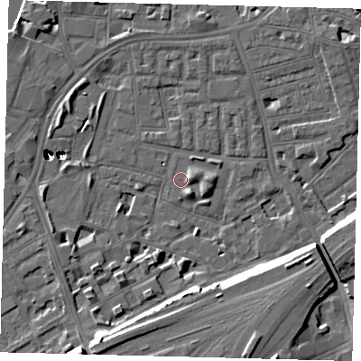 Shaded relief map of the ground around SW112SG, computed from Environment Agency LiDAR. The ground here sits at about 3 m above sea level and falls 51 m across the surrounding 800 m. Surface water reaching this point runs off ground lying to the east-north-east, 2.1 m higher.
