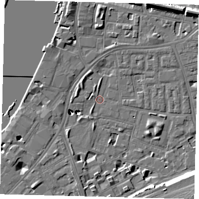 Shaded relief map of the ground around SW112SJ, computed from Environment Agency LiDAR. The ground here sits at about 3 m above sea level and falls 47 m across the surrounding 800 m. Surface water reaching this point runs off ground lying to the west-south-west, 41.5 m higher.