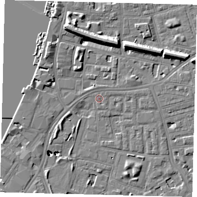 Shaded relief map of the ground around SW112SN, computed from Environment Agency LiDAR. The ground here sits at about 4 m above sea level and falls 47 m across the surrounding 800 m. Surface water reaching this point runs off ground lying to the north, 0.7 m higher.