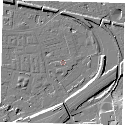 Shaded relief map of the ground around SW112SS, computed from Environment Agency LiDAR. The ground here sits at about 3 m above sea level and falls 17 m across the surrounding 800 m. Surface water reaching this point runs off ground lying to the east, 1.1 m higher.