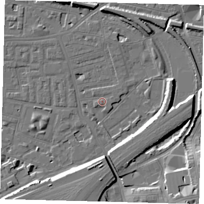Shaded relief map of the ground around SW112ST, computed from Environment Agency LiDAR. The ground here sits at about 4 m above sea level and falls 18 m across the surrounding 800 m. Surface water reaching this point runs off ground lying to the south-south-east, 11.9 m higher.