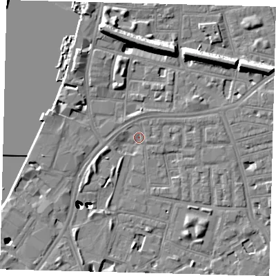 Shaded relief map of the ground around SW112SU, computed from Environment Agency LiDAR. The ground here sits at about 3 m above sea level and falls 47 m across the surrounding 800 m. Surface water reaching this point runs off ground lying to the south-south-west, 41.4 m higher.