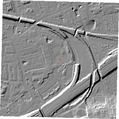 Shaded relief map of the ground around SW112TB, computed from Environment Agency LiDAR. The ground here sits at about 3 m above sea level and falls 17 m across the surrounding 800 m. Surface water reaching this point runs off ground lying to the north-east, 3.0 m higher.