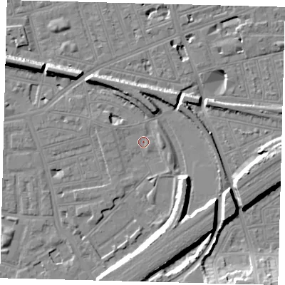 Shaded relief map of the ground around SW112TD, computed from Environment Agency LiDAR. The ground here sits at about 3 m above sea level and falls 12 m across the surrounding 800 m. Surface water reaching this point runs off ground lying to the east, 3.0 m higher.