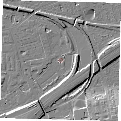 Shaded relief map of the ground around SW112TF, computed from Environment Agency LiDAR. The ground here sits at about 3 m above sea level and falls 19 m across the surrounding 800 m. Surface water reaching this point runs off ground lying to the south, 10.4 m higher.