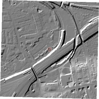 Shaded relief map of the ground around SW112TH, computed from Environment Agency LiDAR. The ground here sits at about 2 m above sea level and falls 18 m across the surrounding 800 m. Surface water reaching this point runs off ground lying to the south-south-east, 16.0 m higher.