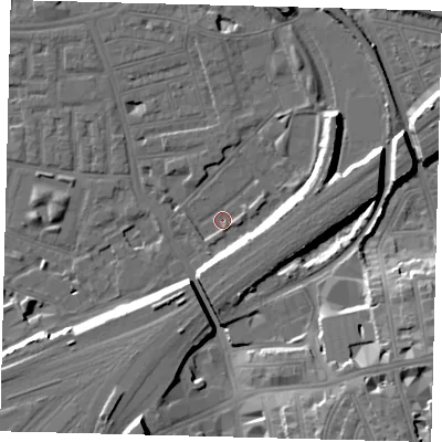 Shaded relief map of the ground around SW112TJ, computed from Environment Agency LiDAR. The ground here sits at about 2 m above sea level and falls 18 m across the surrounding 800 m. Surface water reaching this point runs off ground lying to the south-east, 16.8 m higher.