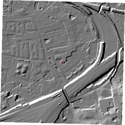 Shaded relief map of the ground around SW112TL, computed from Environment Agency LiDAR. The ground here sits at about 3 m above sea level and falls 17 m across the surrounding 800 m. Surface water reaching this point runs off ground lying to the south-east, 16.1 m higher.
