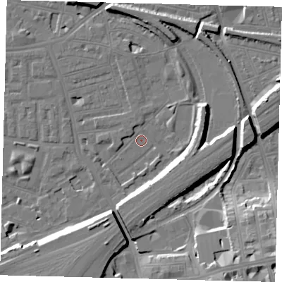 Shaded relief map of the ground around SW112TN, computed from Environment Agency LiDAR. The ground here sits at about 2 m above sea level and falls 18 m across the surrounding 800 m. Surface water reaching this point runs off ground lying to the south-south-east, 15.8 m higher.