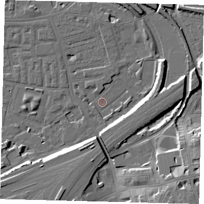 Shaded relief map of the ground around SW112TP, computed from Environment Agency LiDAR. The ground here sits at about 2 m above sea level and falls 17 m across the surrounding 800 m. Surface water reaching this point runs off ground lying to the south-east, 16.5 m higher.