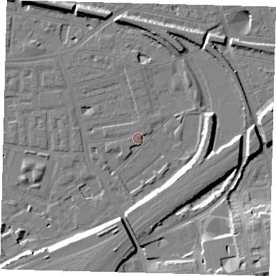 Shaded relief map of the ground around SW112TQ, computed from Environment Agency LiDAR. The ground here sits at about 4 m above sea level and falls 18 m across the surrounding 800 m. Surface water reaching this point runs off ground lying to the south-south-east, 11.3 m higher.