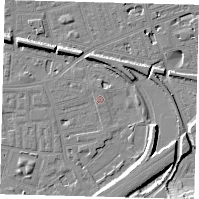 Shaded relief map of the ground around SW112TR, computed from Environment Agency LiDAR. The ground here sits at about 4 m above sea level and falls 12 m across the surrounding 800 m. Surface water reaching this point runs off ground lying to the north, 0.5 m higher.