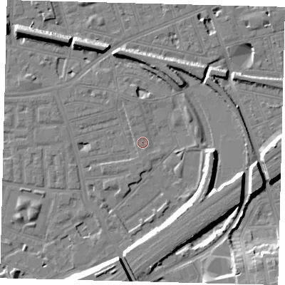 Shaded relief map of the ground around SW112TS, computed from Environment Agency LiDAR. The ground here sits at about 3 m above sea level and falls 16 m across the surrounding 800 m. Surface water reaching this point runs off ground lying to the north-north-west, 1.4 m higher.