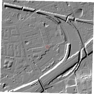 Shaded relief map of the ground around SW112TT, computed from Environment Agency LiDAR. The ground here sits at about 4 m above sea level and falls 17 m across the surrounding 800 m. Surface water reaching this point runs off ground lying to the south-south-west, 1.3 m higher.