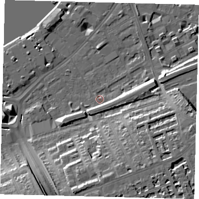 Shaded relief map of the ground around SW112TU, computed from Environment Agency LiDAR. The ground here sits at about 6 m above sea level and falls 21 m across the surrounding 800 m. Surface water reaching this point runs off ground lying to the east, 6.8 m higher.
