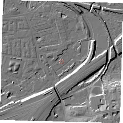 Shaded relief map of the ground around SW112TW, computed from Environment Agency LiDAR. The ground here sits at about 2 m above sea level and falls 17 m across the surrounding 800 m. Surface water reaching this point runs off ground lying to the south-east, 15.9 m higher.