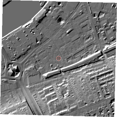 Shaded relief map of the ground around SW112TZ, computed from Environment Agency LiDAR. The ground here sits at about 5 m above sea level and falls 20 m across the surrounding 800 m. Surface water reaching this point runs off ground lying to the south-east, 15.9 m higher.