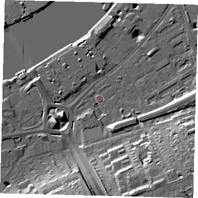 Shaded relief map of the ground around SW112UA, computed from Environment Agency LiDAR. The ground here sits at about 5 m above sea level and falls 20 m across the surrounding 800 m. Surface water reaching this point runs off ground lying to the south-south-east, 20.0 m higher.