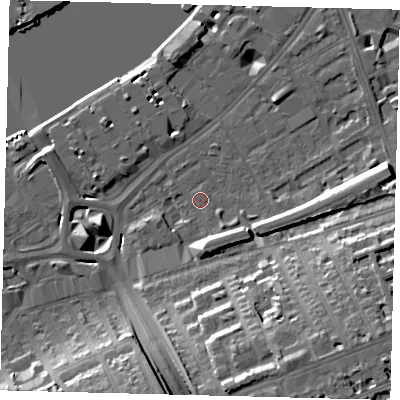 Shaded relief map of the ground around SW112UB, computed from Environment Agency LiDAR. The ground here sits at about 5 m above sea level and falls 20 m across the surrounding 800 m. Surface water reaching this point runs off ground lying to the south-east, 15.9 m higher.