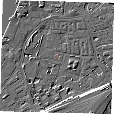 Shaded relief map of the ground around SW112UD, computed from Environment Agency LiDAR. The ground here sits at about 3 m above sea level and falls 48 m across the surrounding 800 m. Surface water reaching this point runs off ground lying to the south-south-east, 10.7 m higher.