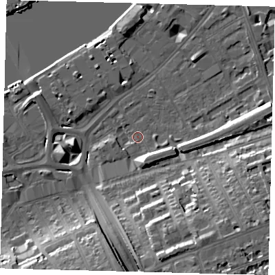 Shaded relief map of the ground around SW112UE, computed from Environment Agency LiDAR. The ground here sits at about 5 m above sea level and falls 20 m across the surrounding 800 m. Surface water reaching this point runs off ground lying to the south-south-east, 17.5 m higher.