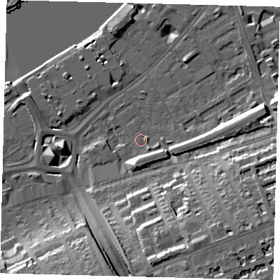 Shaded relief map of the ground around SW112UF, computed from Environment Agency LiDAR. The ground here sits at about 5 m above sea level and falls 20 m across the surrounding 800 m. Surface water reaching this point runs off ground lying to the south-south-east, 17.3 m higher.
